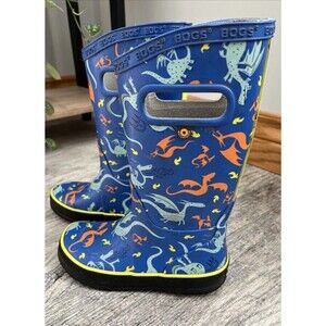 BOGS Kids Rain Boots Dragons Youth Size 12/Euro 29 Rubber Blue Pull On